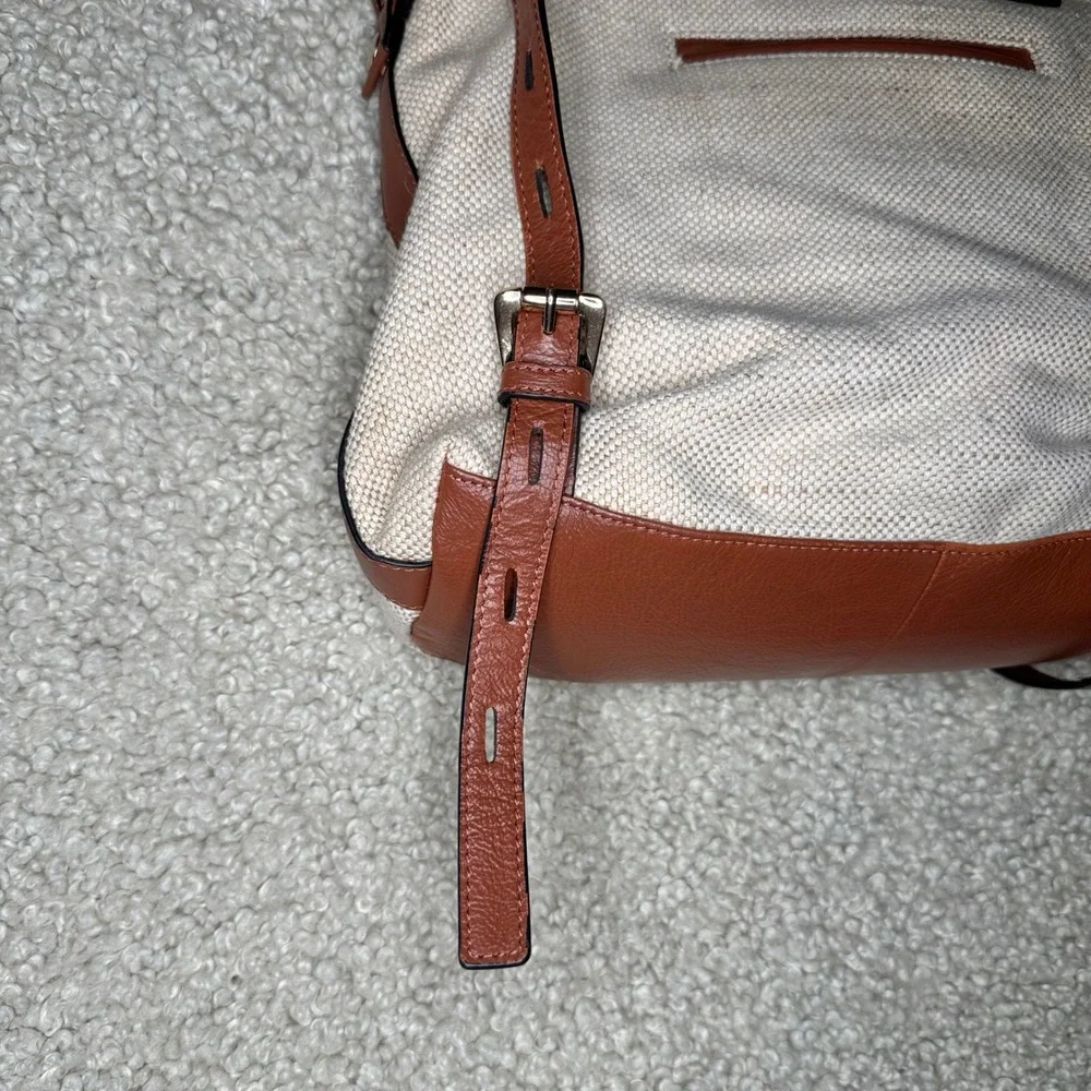 Lodis Pippa Backpack Cream Jute Cotton Tan Leather Trim Zip Top Bat